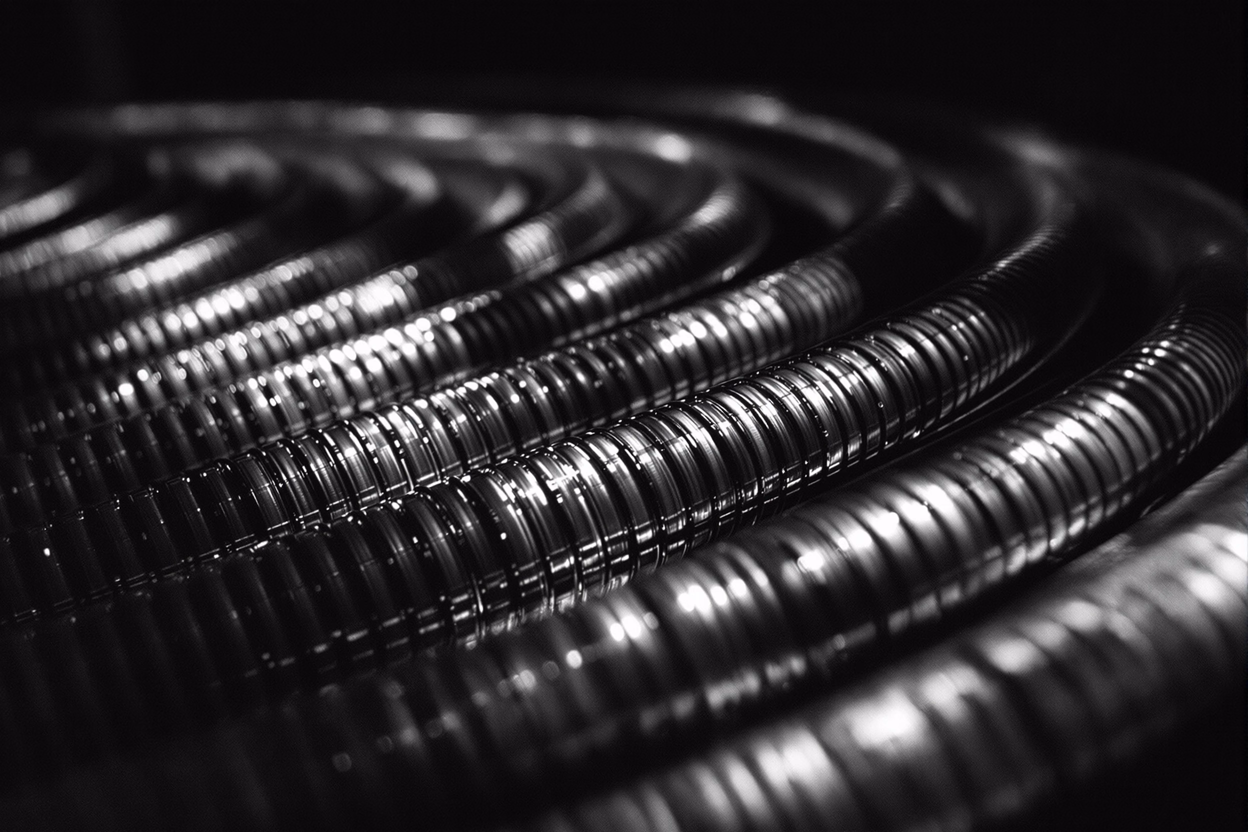 Spiralling copper refrigeration compressor coils in macro detail.