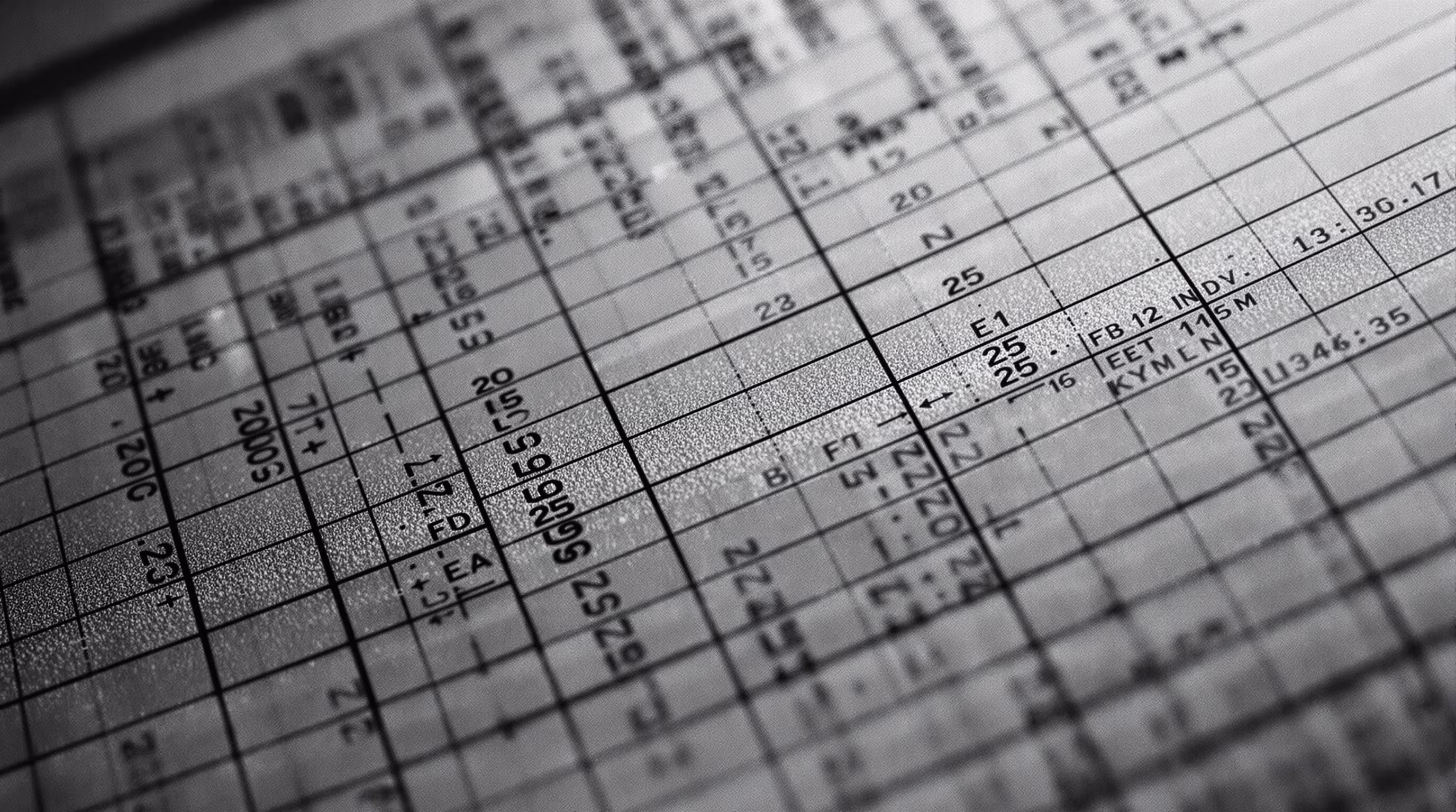 Macro of a printed accounting ledger, raking side-light across the grid rules.