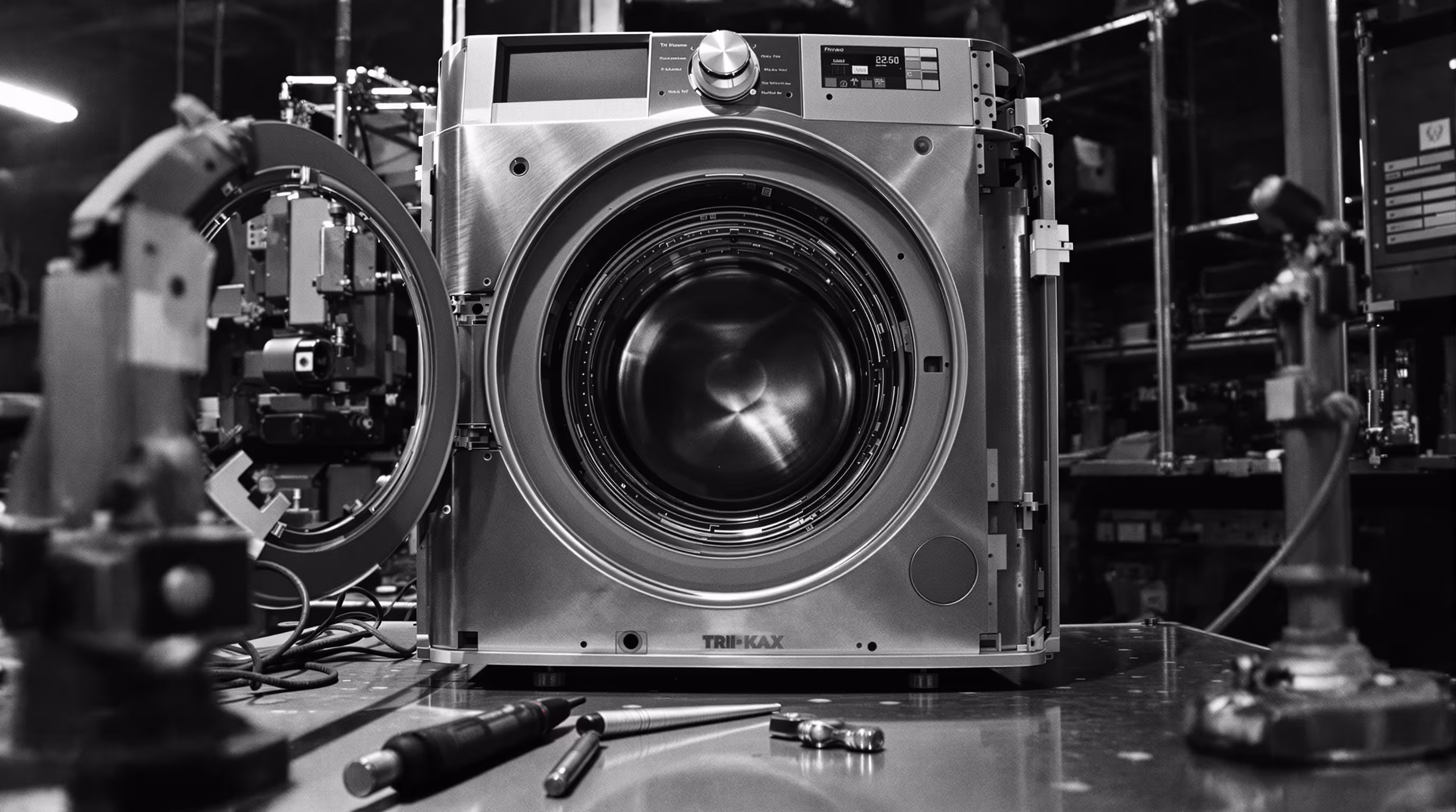 A premium domestic washing machine on a factory test bench, top-light and shallow shadow.