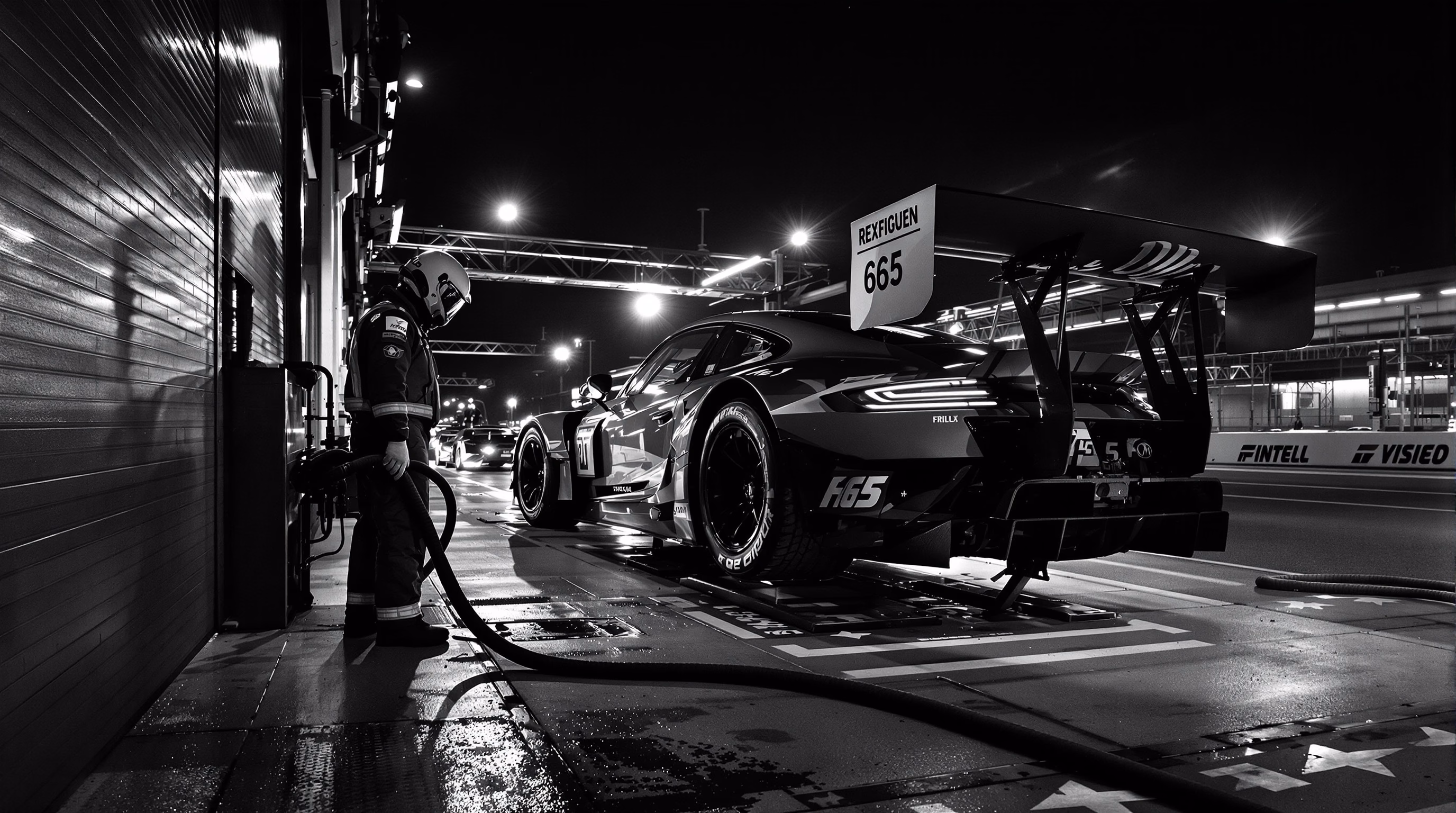 Night endurance pit scene. A helmeted mechanic in a fire-retardant suit handling a fuel hose, a GT3 race car on the right.