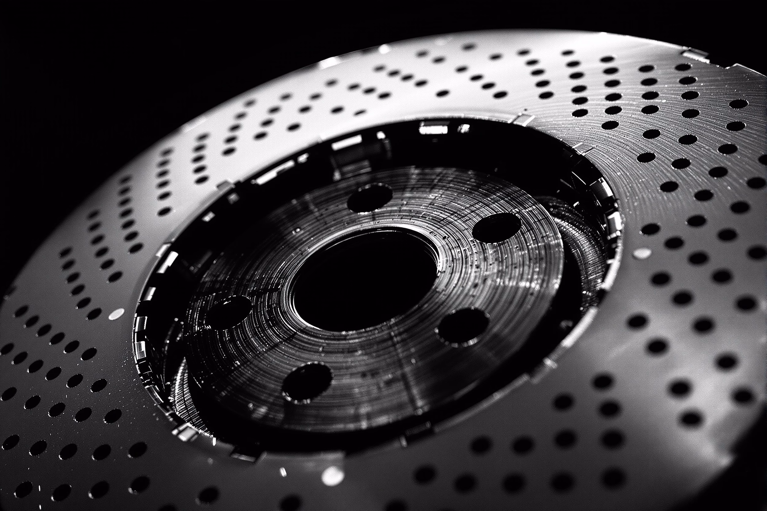 A drilled ceramic brake rotor in macro detail.